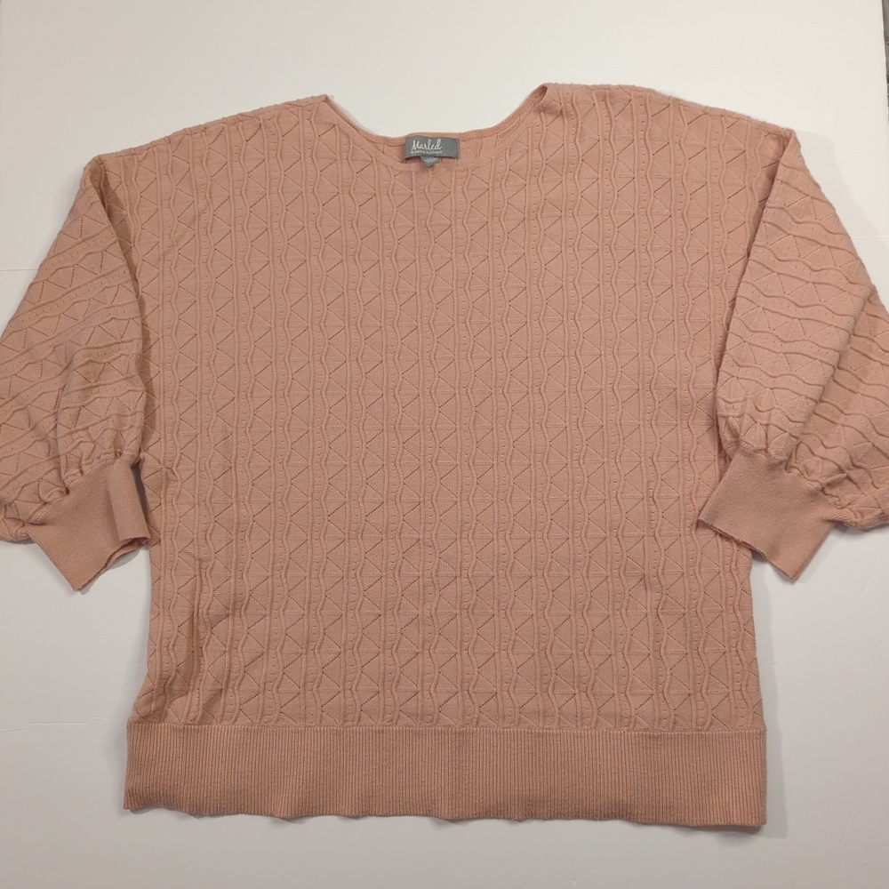 Marled Womens XL Pink Textured Sweater Balloon Sleeve 3/4 Sleeve Cozy Top Boho